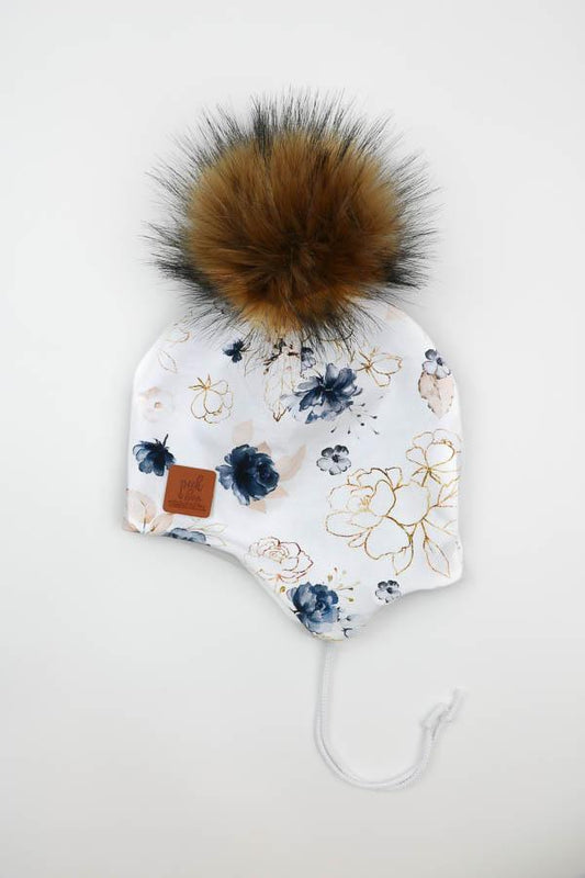 3 Season ear flap Gold & Navy Floral