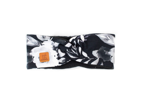 Fleece Twisted headband - Black & white floral