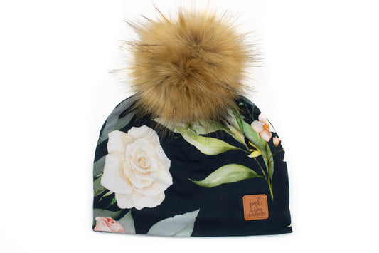3 Season Toque BIG roses on Navy