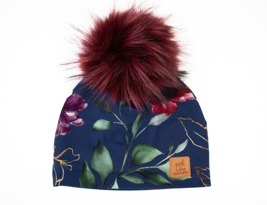 3 Season Toque golden floral on navy blue